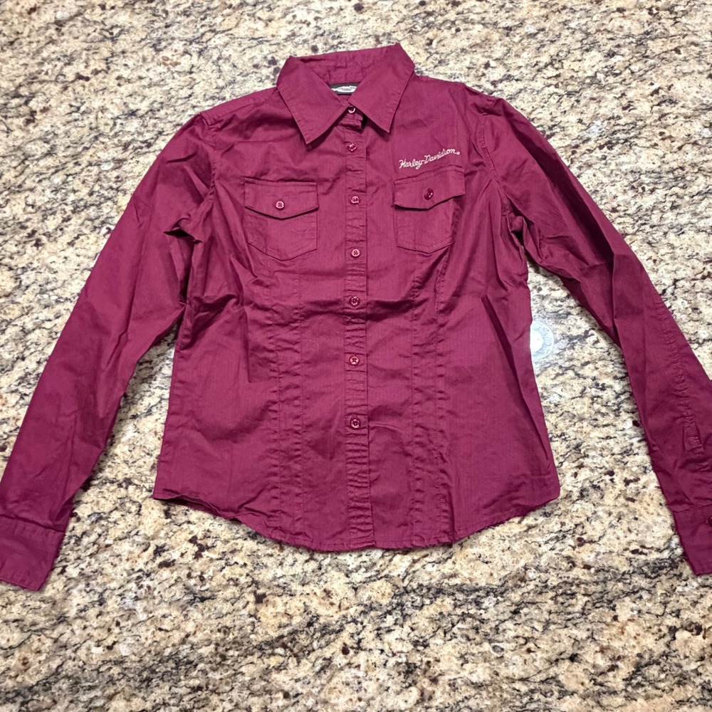 Harley Davidson Womens Medium Burgundy Long Sleeve Button Down Shirt Maroon ws